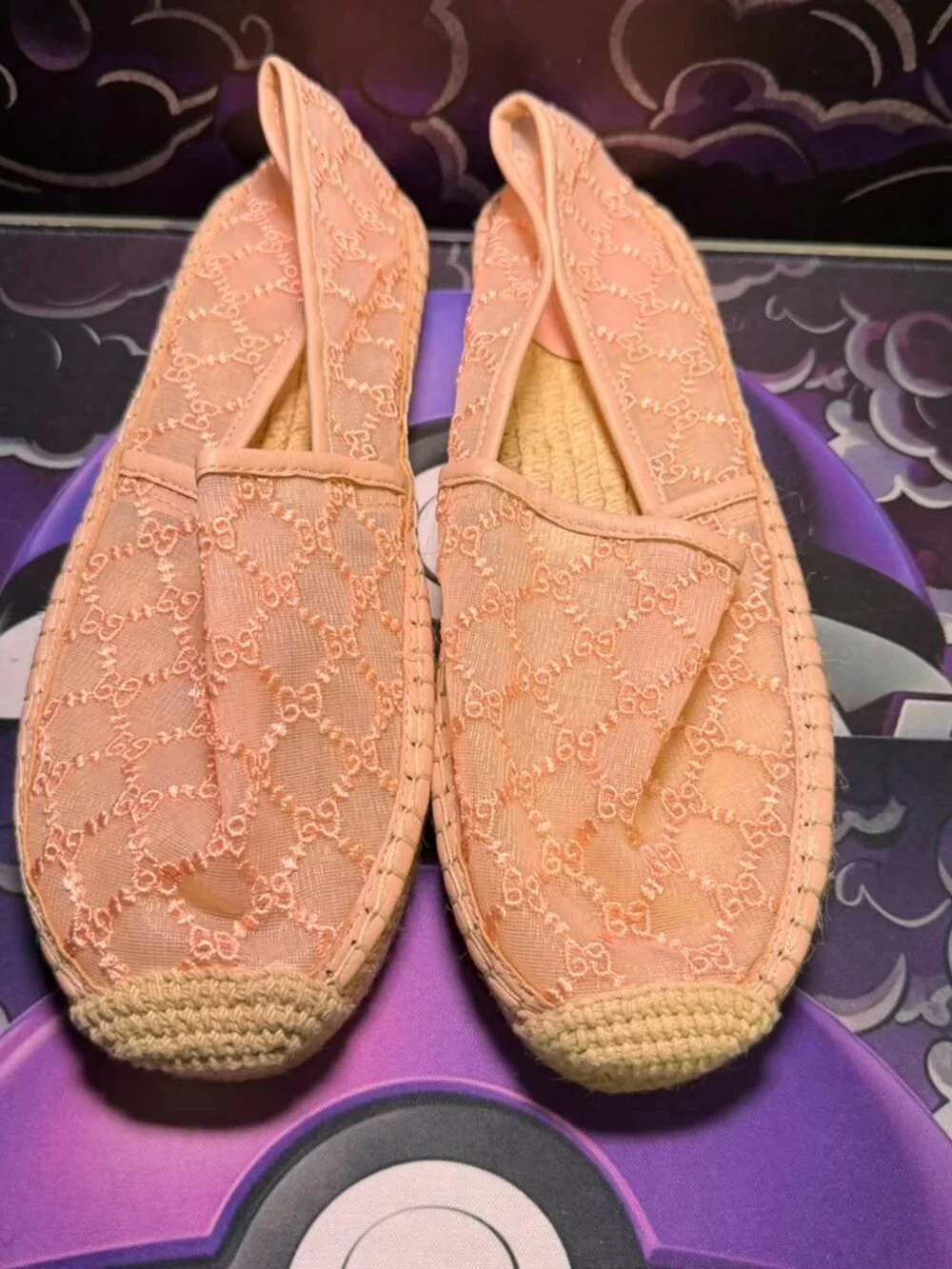 Pink Mesh Monogram Embroidered Espadrille Slip On Flats Womens Size 9